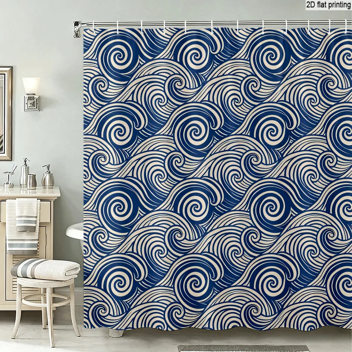 

Waterproof Blue Wave Print Shower Curtain Polyester Luxury Bathroom Decor Japanese Ocean Style Curtain