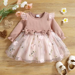 Patpat Baby Mädchen rosa gerippt Langarm Bowknot Blumen bestickt Mesh Kleid