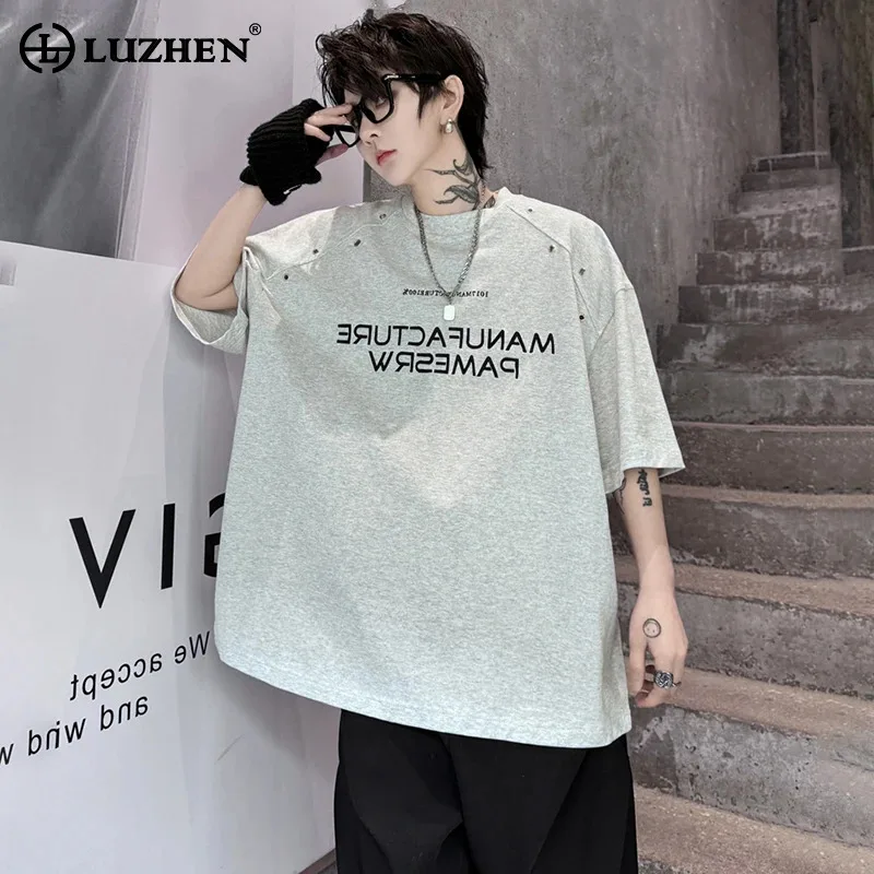 

LUZHEN Stylish Street Short Sleeve T-shirts Men's 2024 New Original Trendy Letter Printed Buttoned Patchwork Design Tops LZ4309