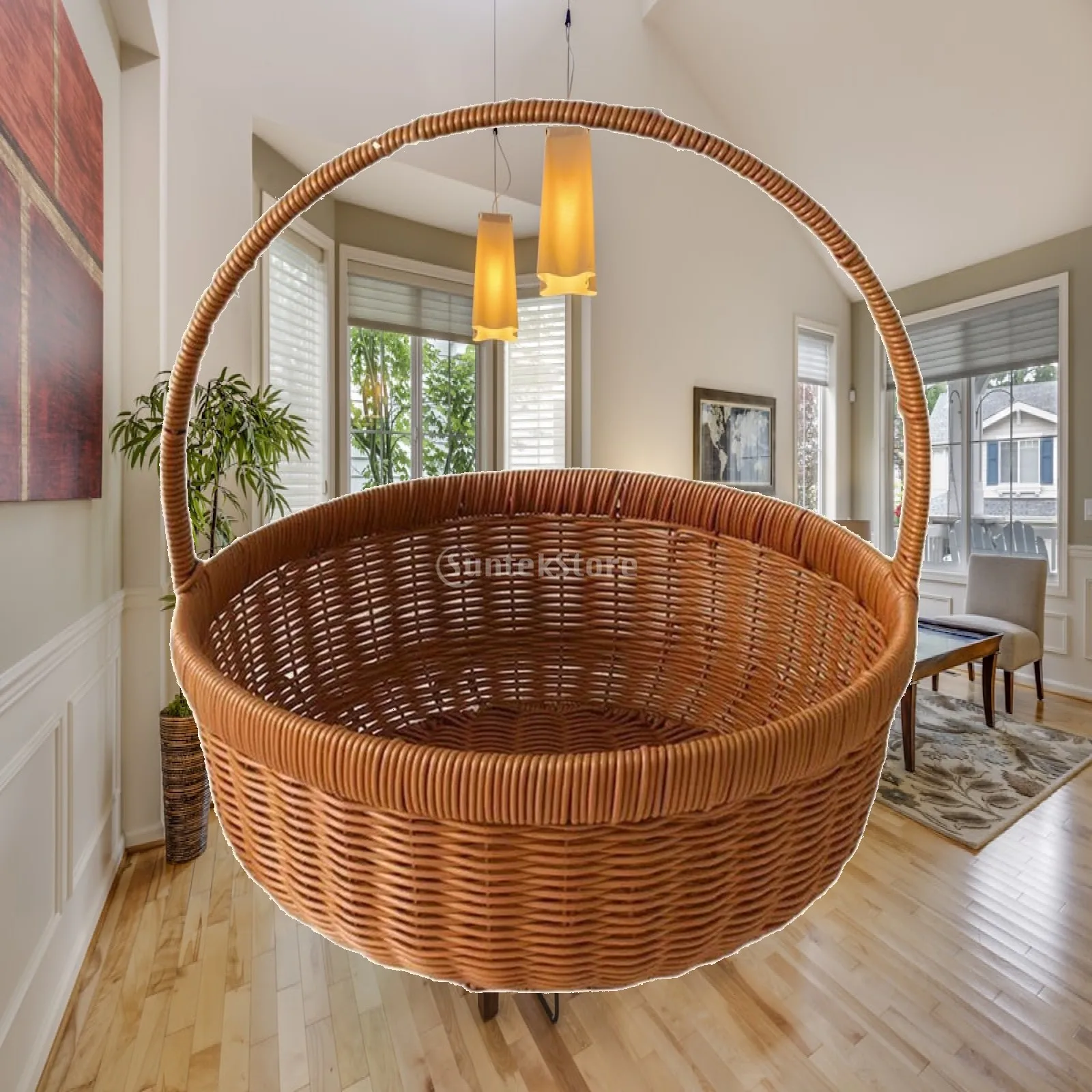 Fiber Storage Basket with Carry Handle Handwoven Open Top Woven Carry Basket Lightweight for Picnic, Home Organization, Market
