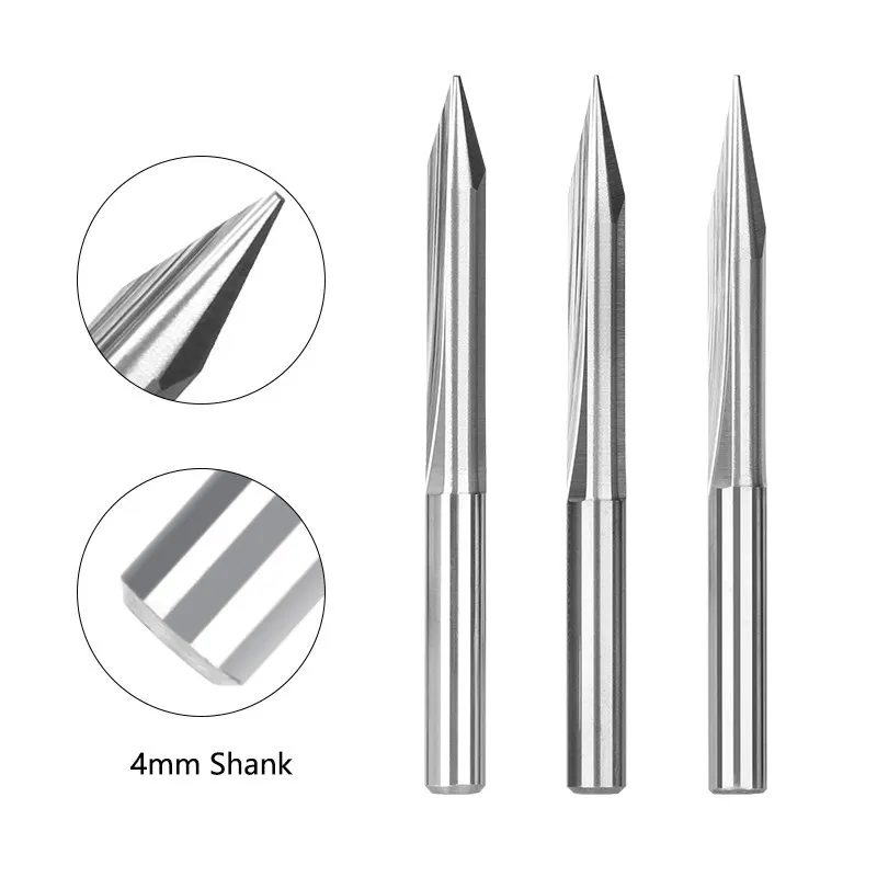 밀링 커터 4mm 생크 2 플루트 스트레이트 V 비트 15/20/25/30 도 V 모양 조각 비트 팁 0.3-1.0mm, CNC 조각 커터