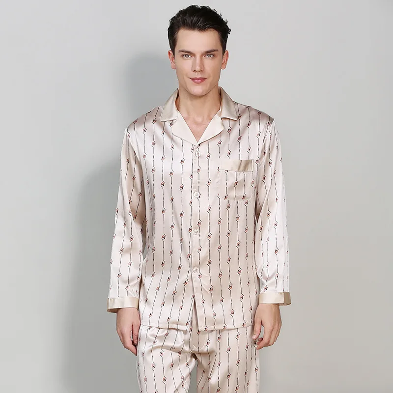 16 momme pure silk pajamas sets men Long sleeve spring fashion homewear noble pijamas silk sleepwear T9015