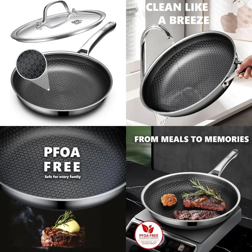 

12 Inch Nonstick Hybrid Frying Pan with Lid, Stainless Steel Skillet, Dishwasher and Oven Safe, Perfect for Everyday Cooking