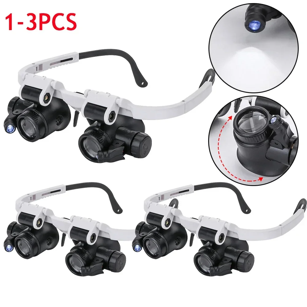 1-3pcs -Mounted Microscope Jeweler Magnifier With 8X/15X/23X Magnifying Glass 2  Lights Magnifier Loupes Repair Tool
