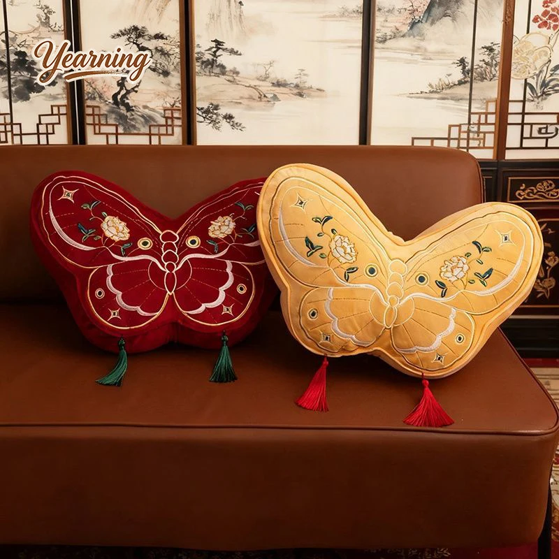 

Chinese Style Butterfly Plush Pillow with Tassel, Soft Sofa Cushion, Bedside Lumbar Pillow Home Decor