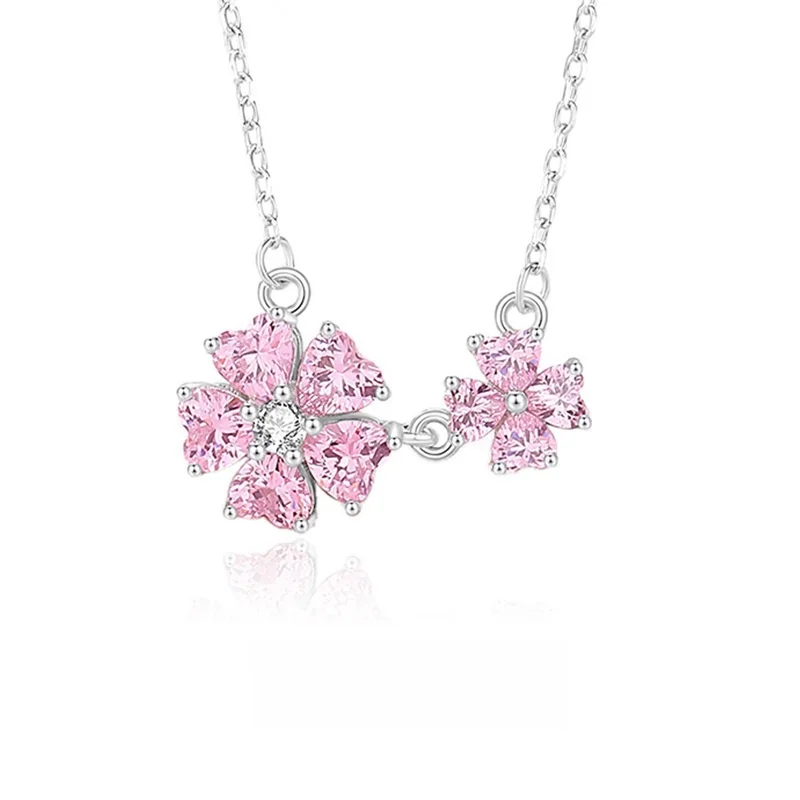 

S925 Silver Double Happiness Design Female Flower Peach Blossom Clavicle Chain Necklace Light Luxury Fine Pendant Accessory