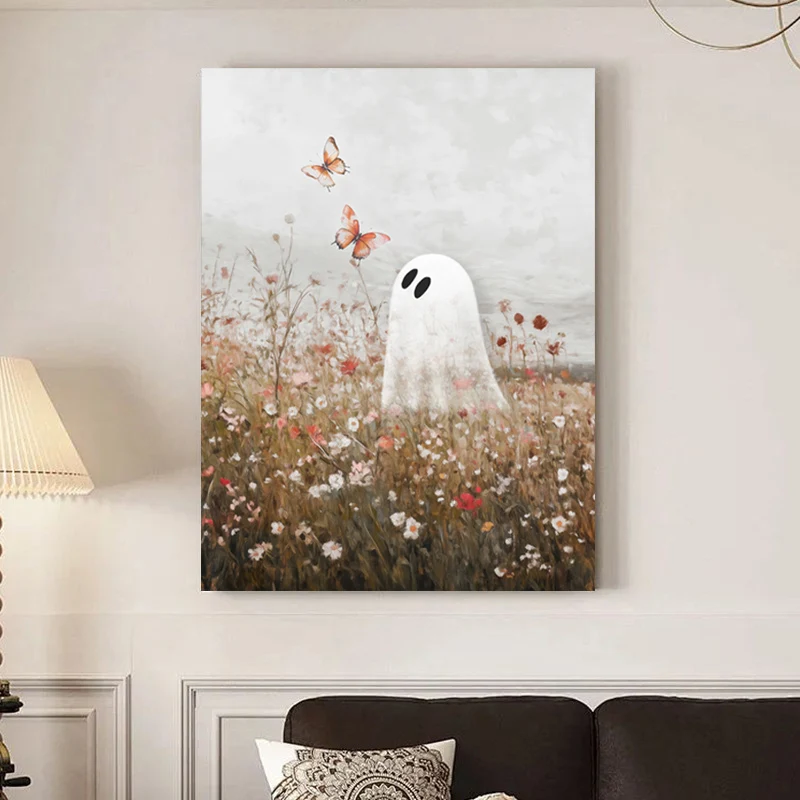 Framed Cute Ghost in Vintage Paintings Canvas Painting Halloween Fall Farmhouse Scene Poster Living Room Wall Art Home Decor