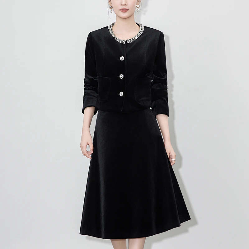 French Style Velvet 2 Pieces Skirts Set for Woman Autumn Winter Diamonds Jacket Coat and Long Skirt Vintage Woman Two Piece Sets