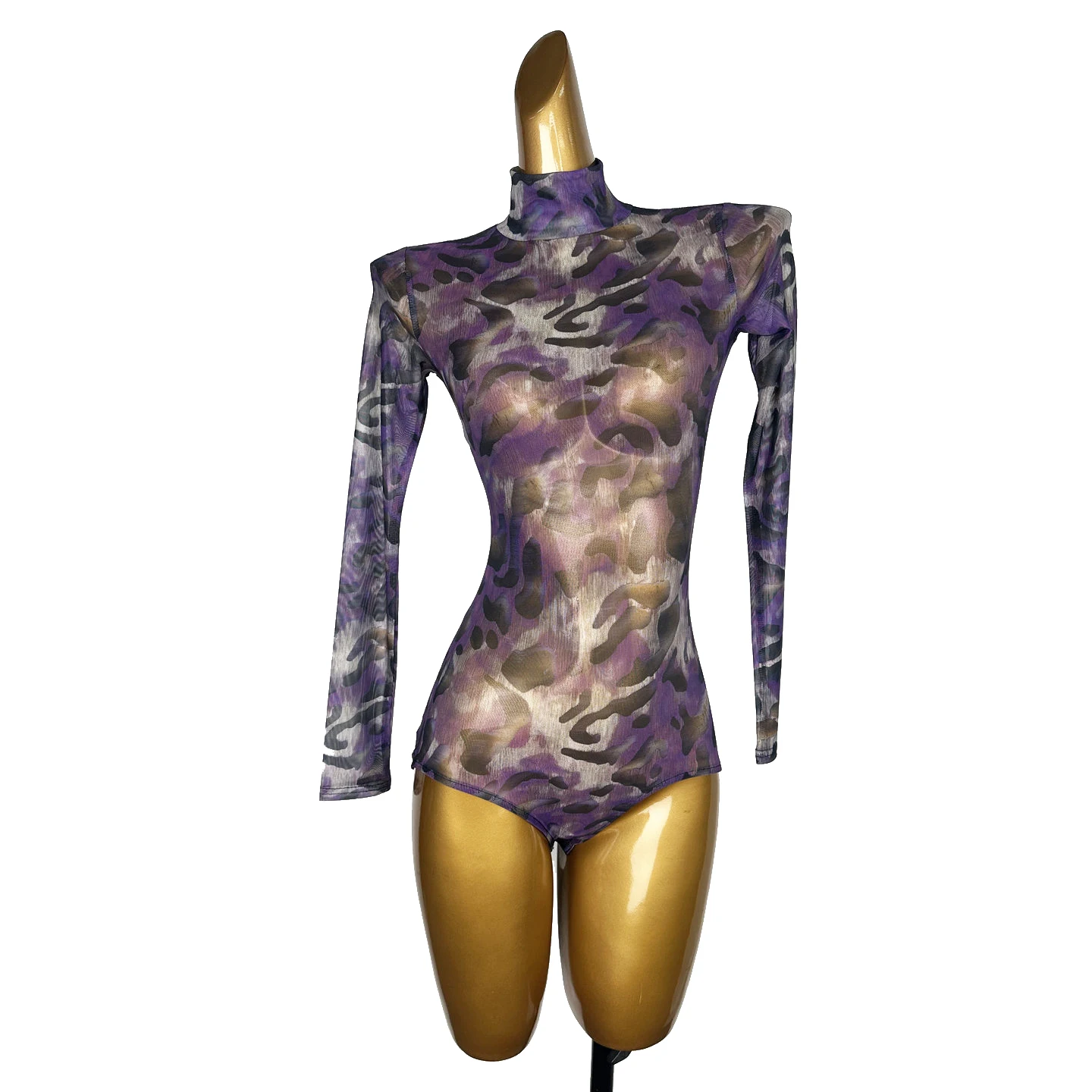 2025 nuevo mono de leopardo púrpura de manga larga Chacha Rumba Tango ropa de práctica latina para mujeres adultos Tops de baile latino XH3848