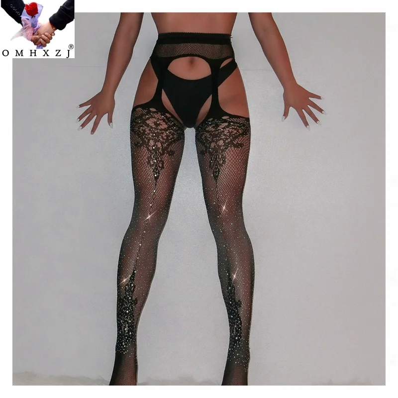 

OMHXZJ EL57 Wholesale sex appeal temptation hot zircon jacquard with feet fishnet bottoming panty socks W66 One size