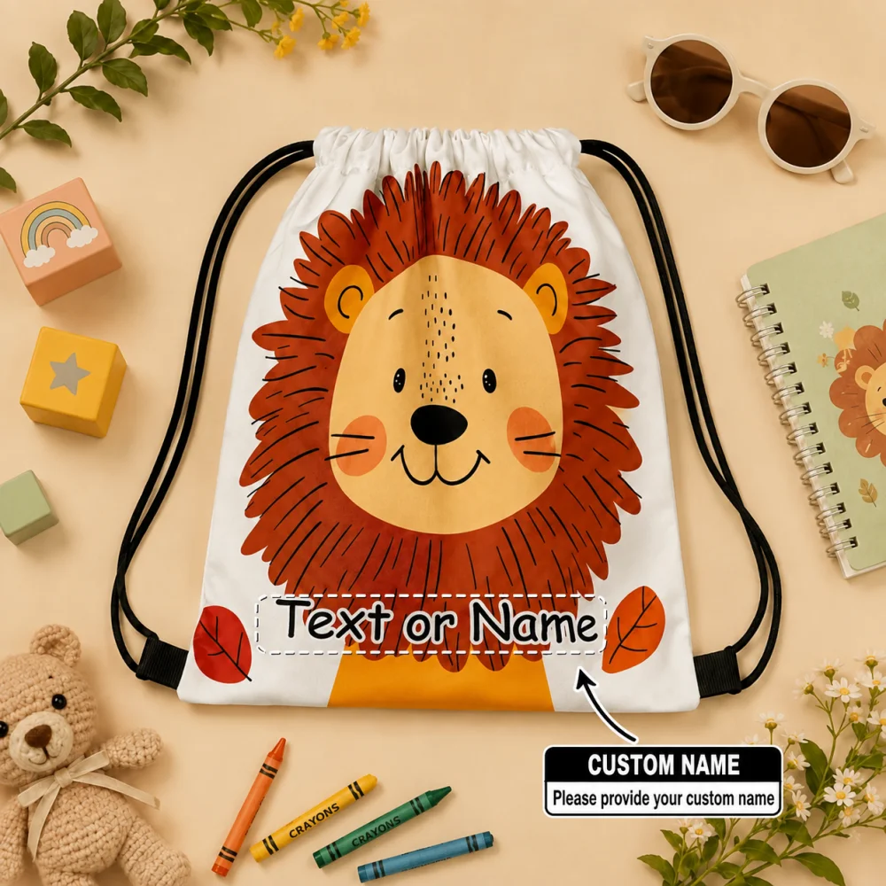 Custom Lion Drawstring Backpack, Personalized Name Text Kids Drawstring Sack Bag, Lightweight Storage Sack with Reinforced Corne