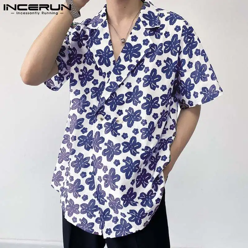 

INCERUN Tops 2024 Korean Style Fashion Men's Floral Print Pattern Shirts Streetwear Personality Short Sleeved Lapel Blouse S-5XL