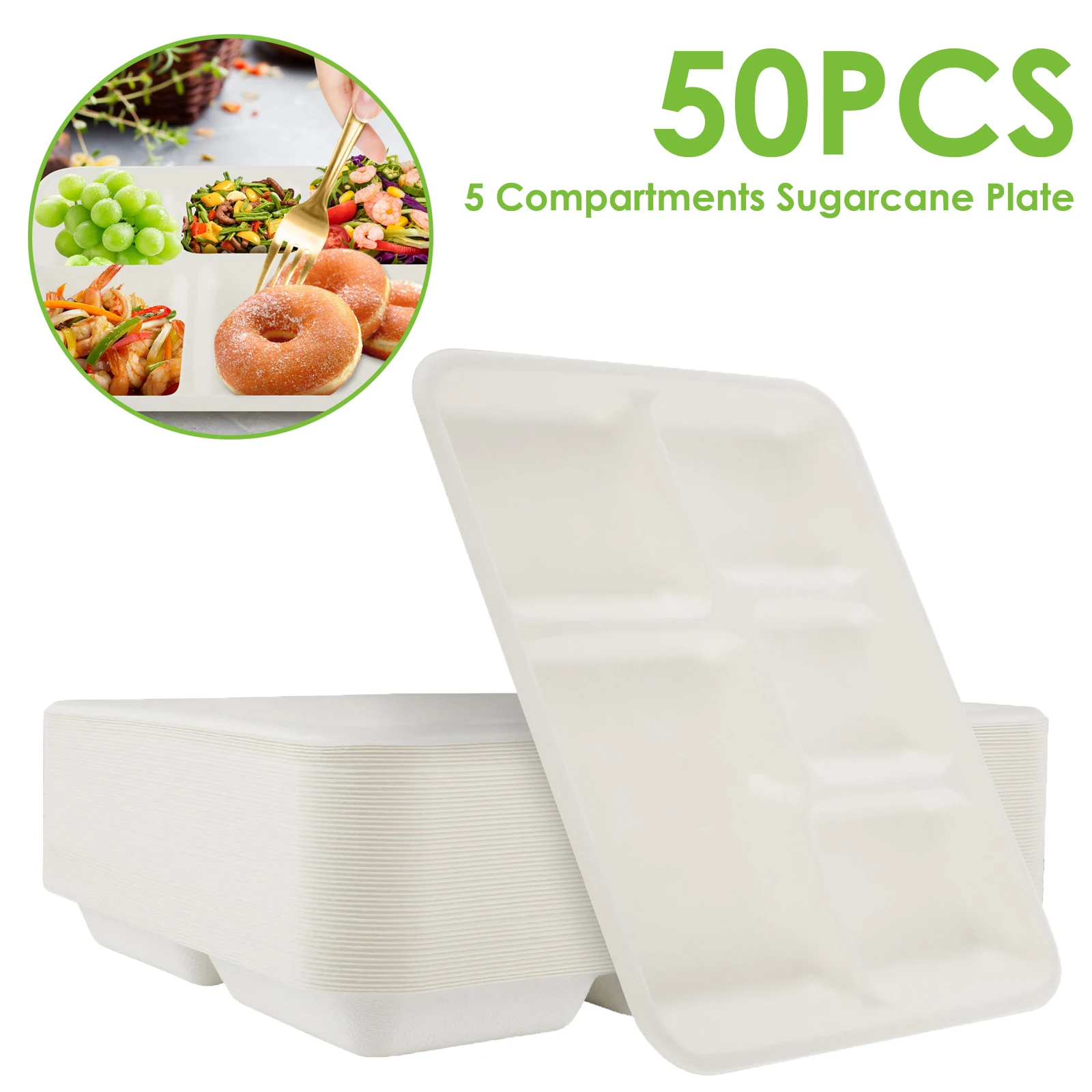 Platos de caña de azúcar compartimientales, platos de papel apilables ecológicos, uso en frío y caliente para recoger cenas, pícnic al aire libre, 50 Uds.