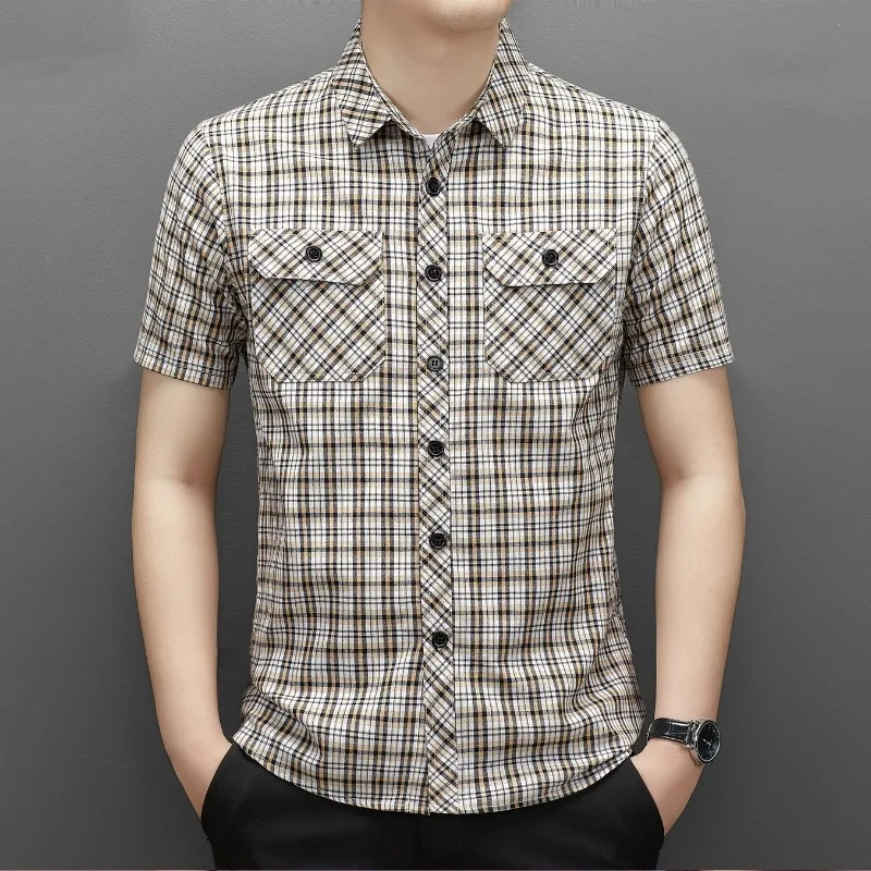 Summer Cotton Men\'s New in Shirt Slim Fit Plaid Striped Short Sleeve Button Pocket Polo Lapel Casual Fashion Vintage Tops