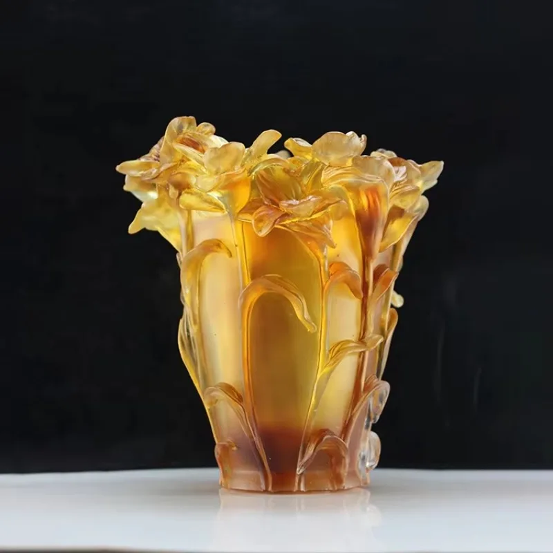 Luxury Liuli Glass Flower Vase Handmade Frosted Crystal Casting Christmas Decorative Sculpture Home Table