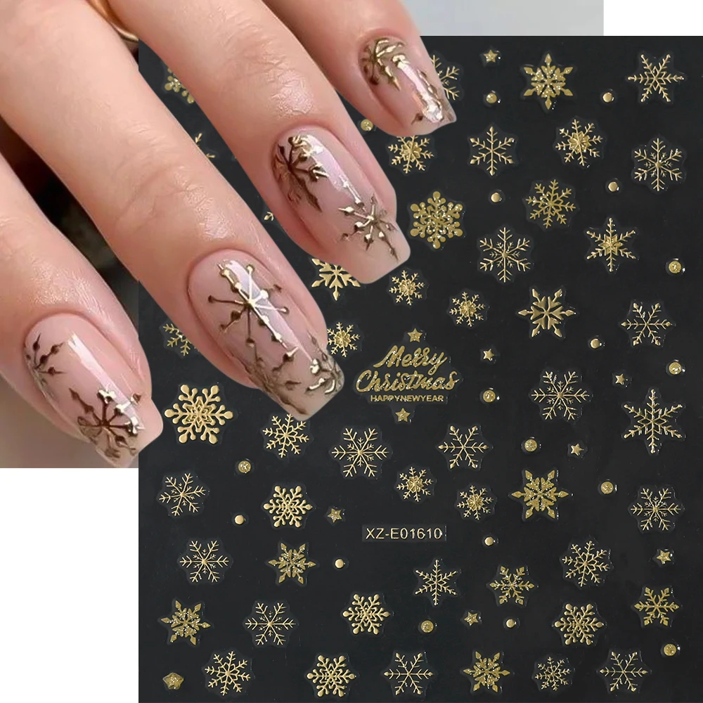 1Sheet 3D Bronzing Gold Christmas Nail Decals 10X8cm Snowflakes Elk Xmas Tree Adhesive Sliders Winter Holiday Nail Art Stickers