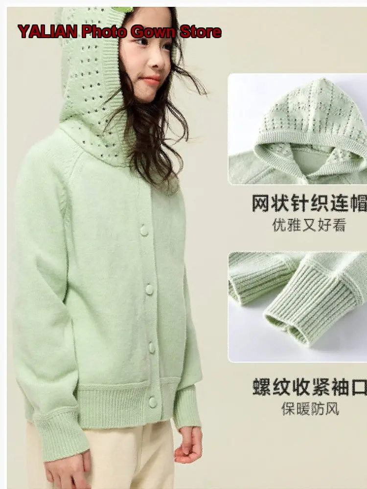Girls Knit Cardigan Kids Autumn Round Neck Knit Top Solid Color Older Kids