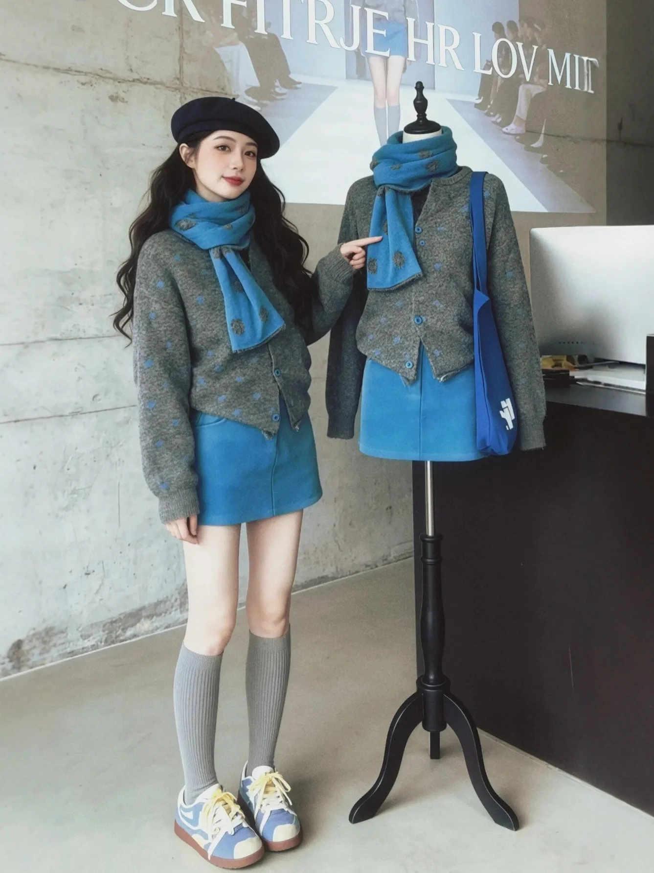 

Blue Knitted Sweater Set Women's Faion Spring Ensemble with Scarf And ort Skirt plus Size Korean Sle round Ne Design