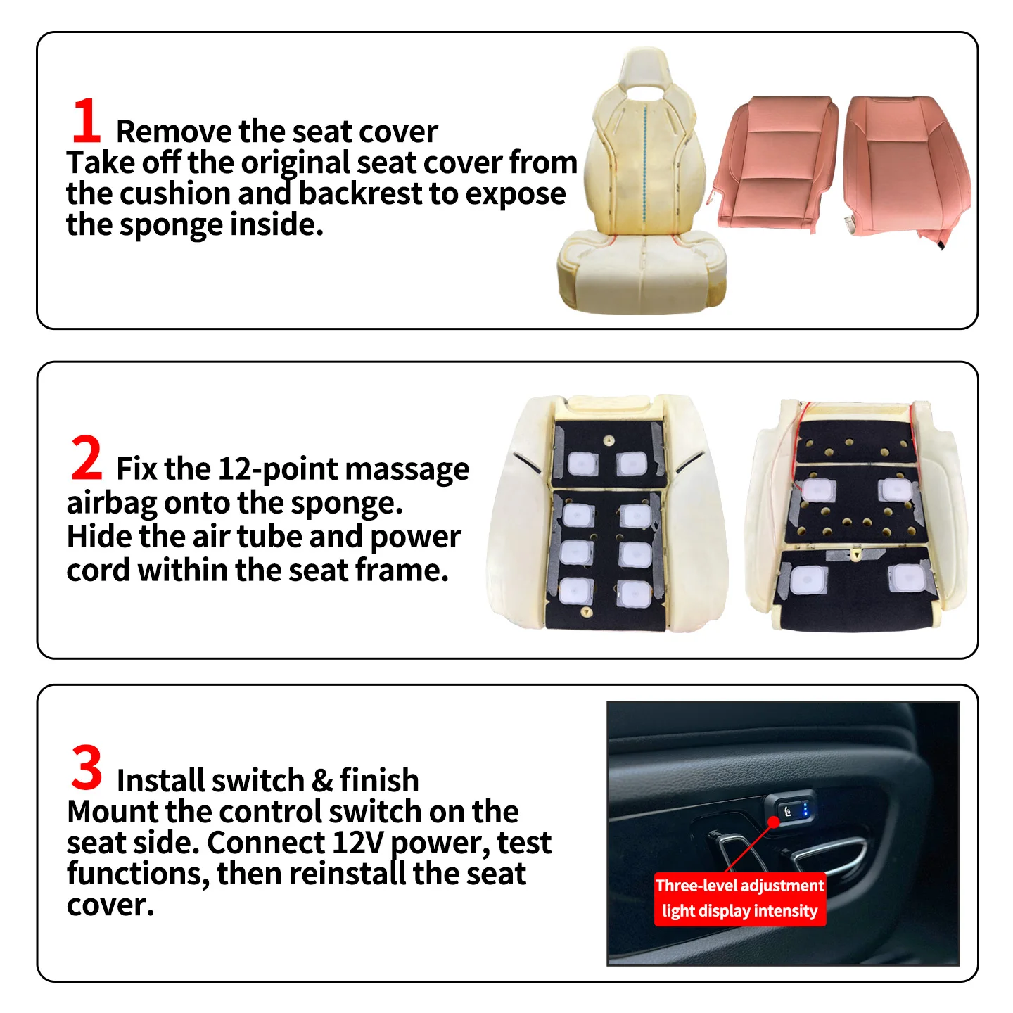 Image 5: Kit de massage pneumatique pour siège de voiture 12 points, 12V, 5 modes, 3 intensités avec interrupteur et câblage, compatible avec 99% des véhicules (berlines, SUV, camions)