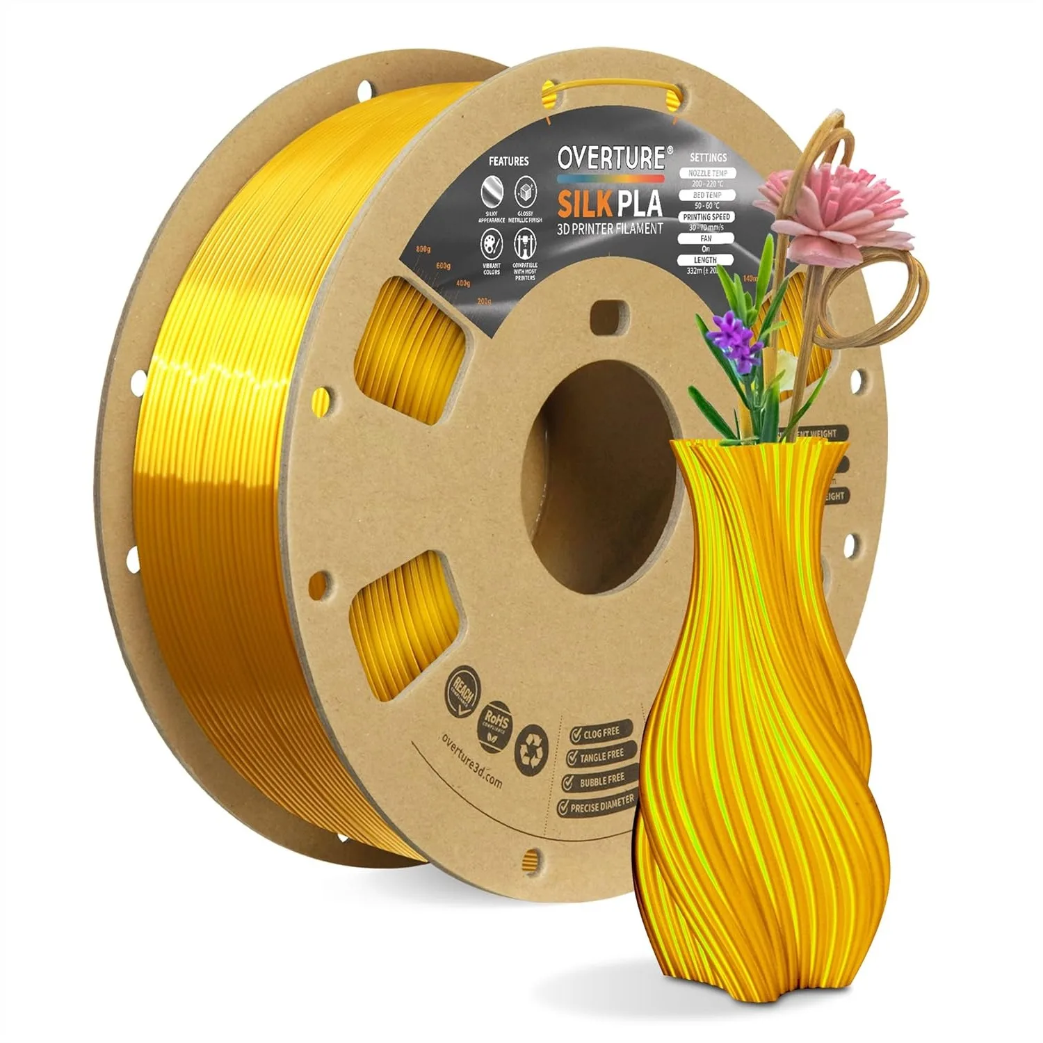 

Silk PLA Filament 1.75mm Clog-Free Shiny 1kg Spool 2.2lbs Dimensional Accuracy +/- 0.02mm for Most FDM Printer Silk Gold
