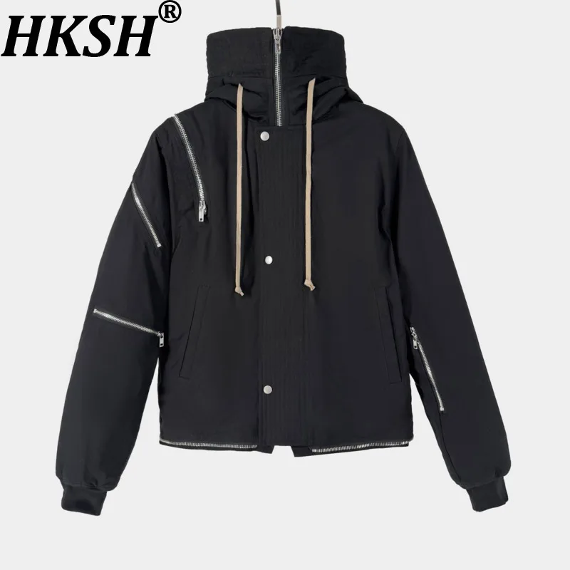 

HKSH Spring Autumn Winter New Men Tide RO Style Jacket Hood Dark Zipper Short Chic Ins Techwear Punk Gothic Padded Coats HK17306