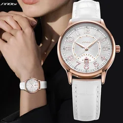 SINOBI Fashion White Leather Strap Woman Watches Original Design Calender Women's Quartz Wristwatches Gifts Clock For Ladies