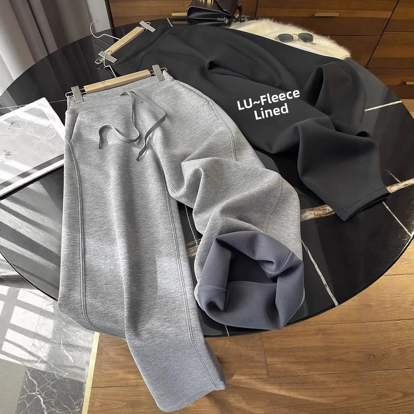 

Women's Fce Lined Dstring Drapey Yoga Pants Casual Straight Leg Sport High Waist Modern Sle Winter Faion