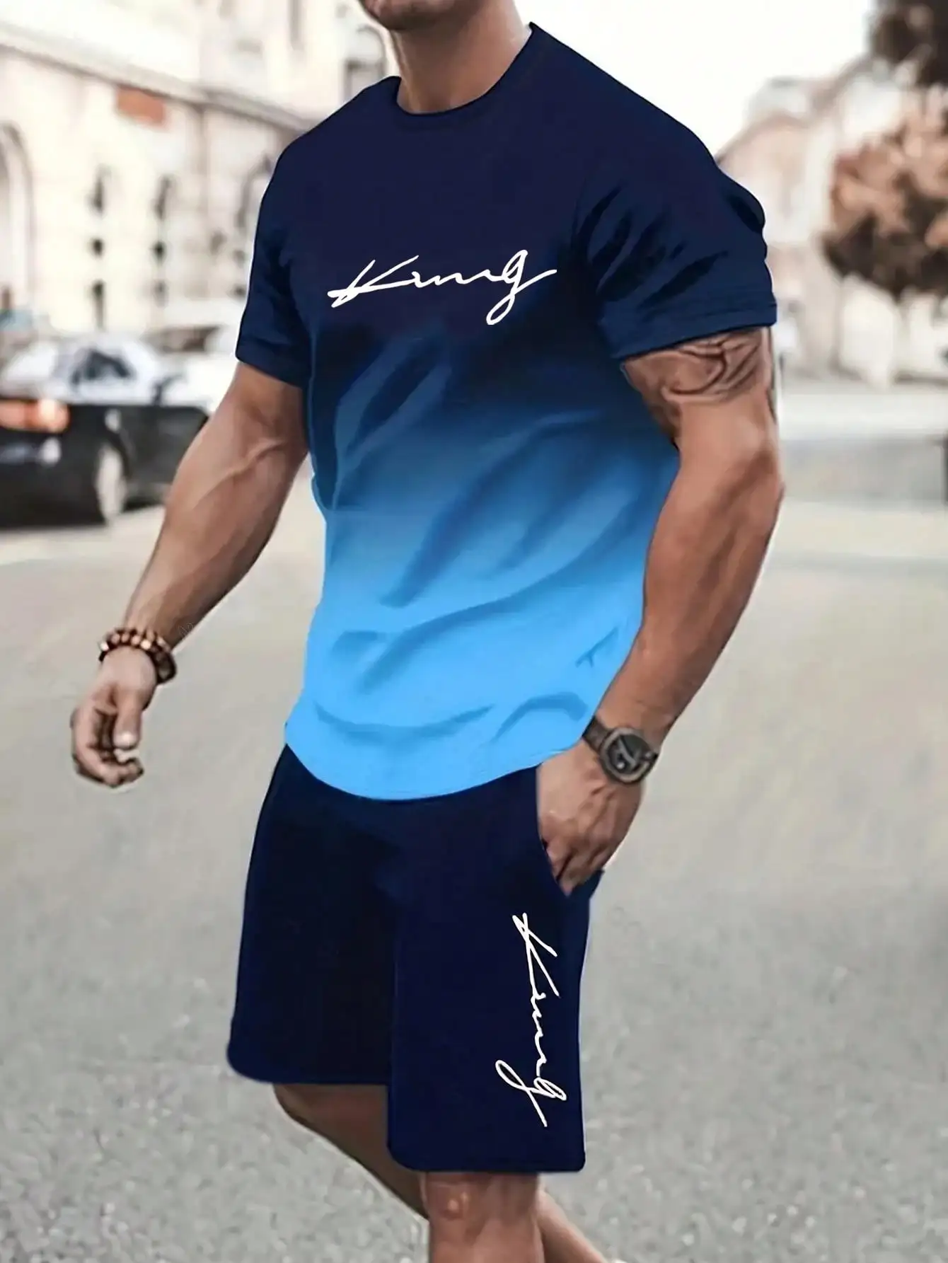 Men's Summer Casual Suit - Monogrammed Short Sleeve T-shirt and Shorts for Outdoor Street Men Casual Comfort Trend Wear