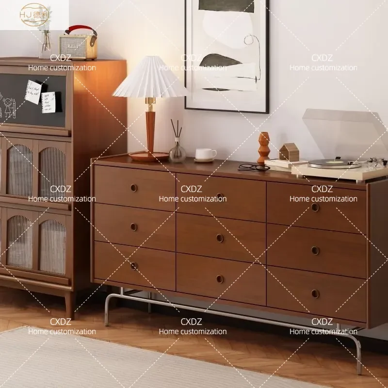 Retro Solid Wood 9 Drawer Chest Cabinet Medieval Style High End Storage Locker for Living Room Vintage Furniture
