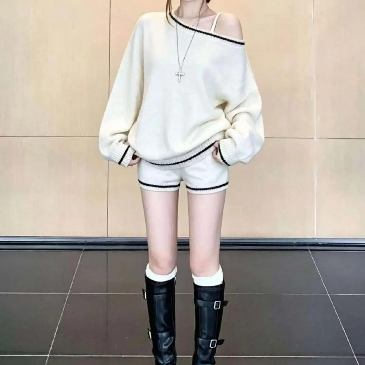 Goth Aesthetic Long Sleeve Two Piece Set Women Off Shoulder Top + Sexy Slim Shorts Y2K Cross Harajuku E-Girls Streetwear Outfit