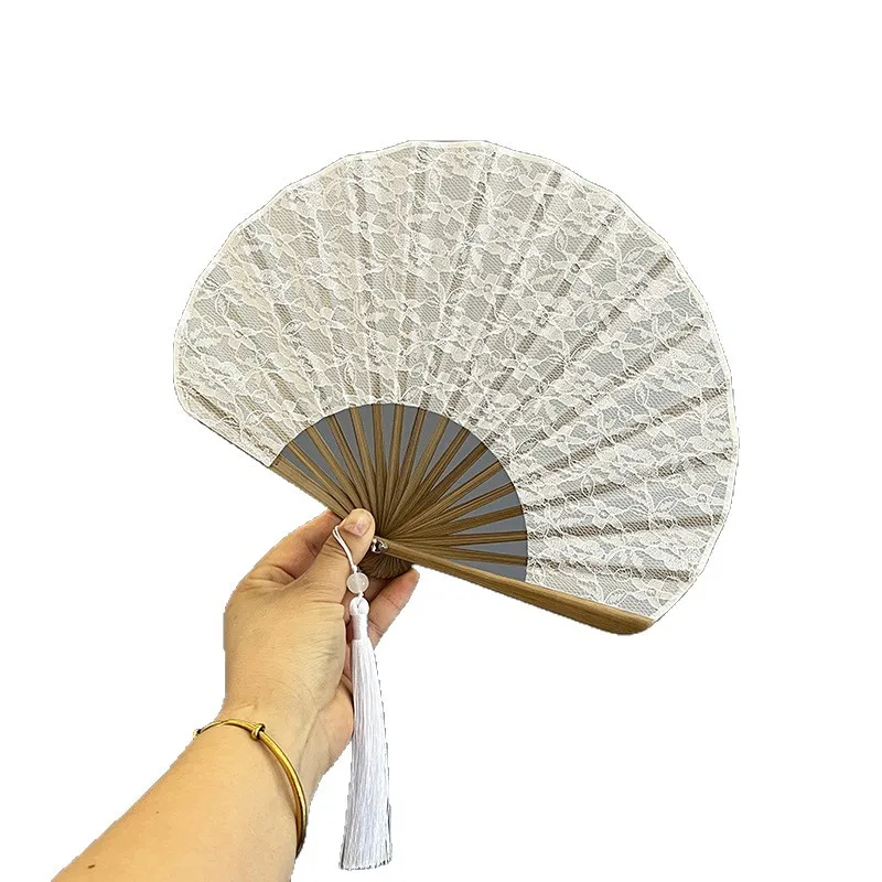 Classic Ladies Fan Shell Scallop Shell Gift Fan Double Layer White Lace Ancient Style Folding Fan Bamboo