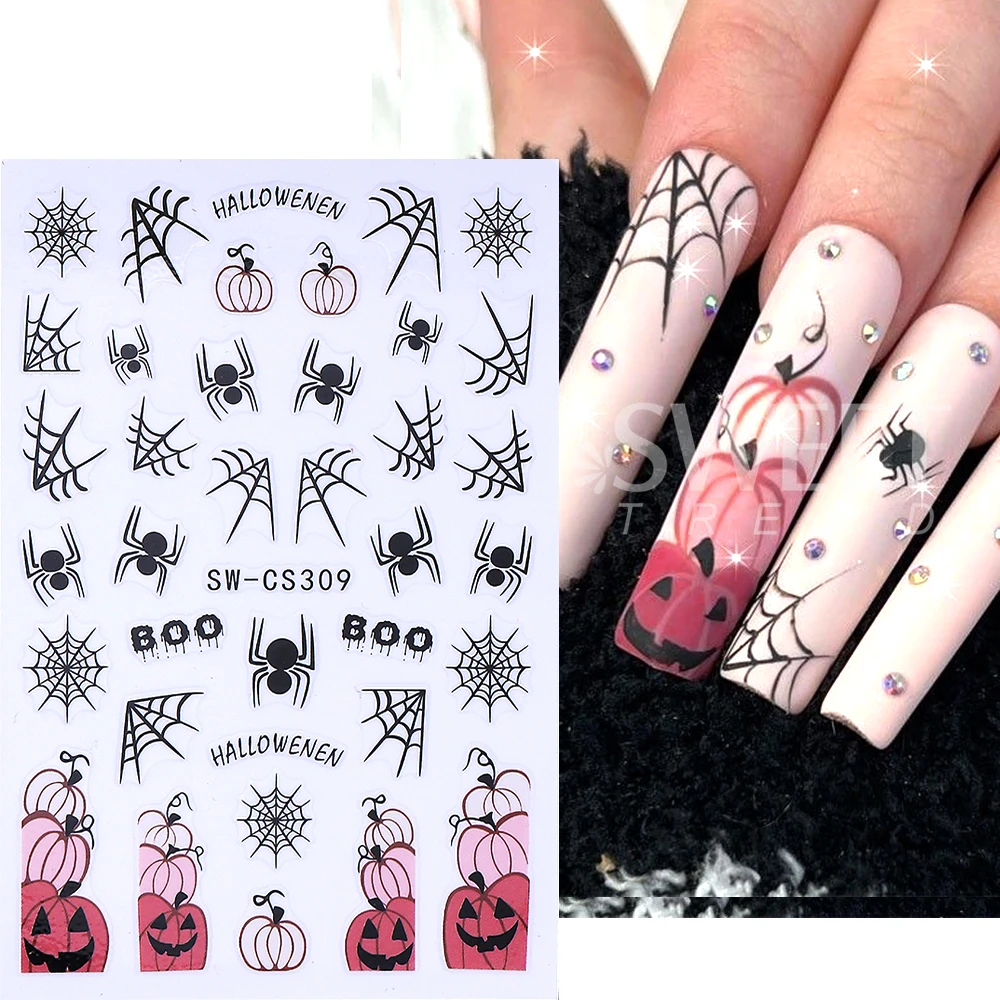 6 قطعة/المجموعة 3D الخريف مسمار الفن ملصقات العنكبوت اليقطين الفطر الزهور مسمار سيلدر الشارات للنساء هالوين مانيكير الديكور #5