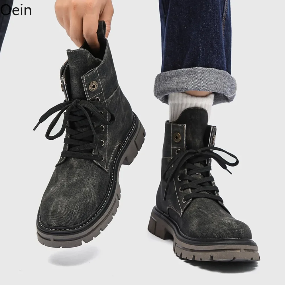 Mens Round Toe Denim Jeans Ankle Boots Platform Oxfords Lace Up Retro Shoes Punk Motorcycle Vintage New 2024