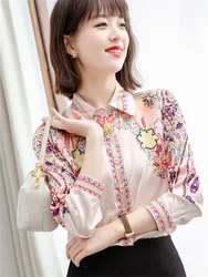 #3179 Satin Shirt Women Regular Fit Vintage Floral Printed Long Sleeve Shirts Female Korean Fashion Spring Womens Shirts Elegant