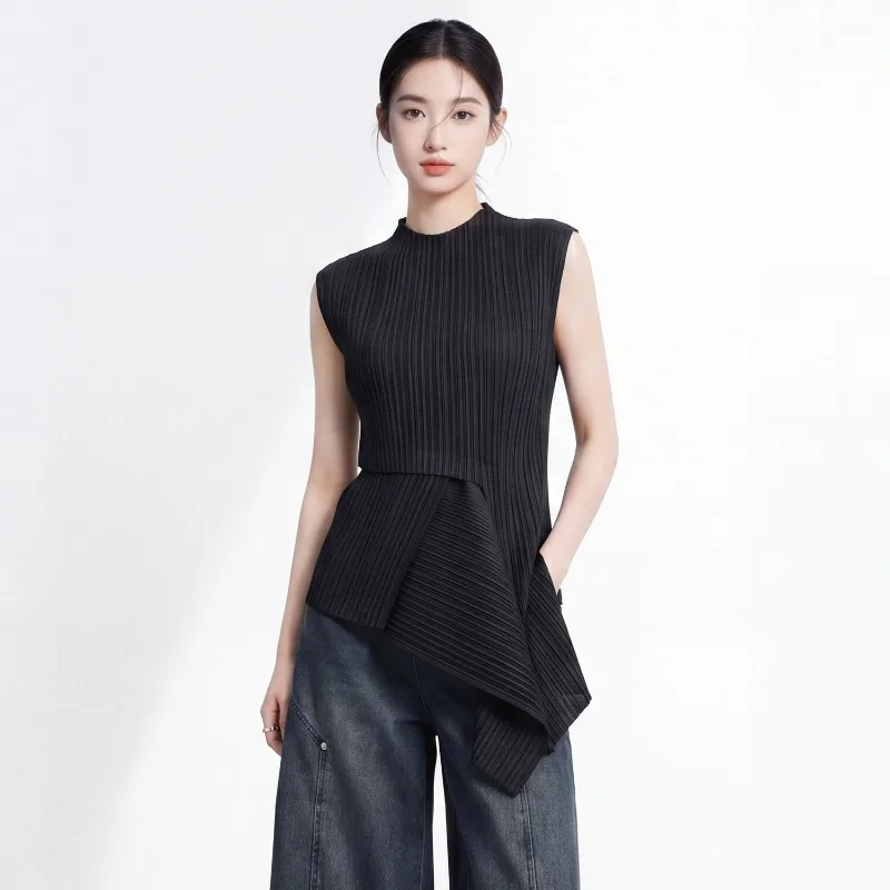 Miyake Pleated 2026 Women's Sleeveless T-Shirt Fashion Summer New High-end Casual Pleated Irregular Comfortable Hem Vest Top