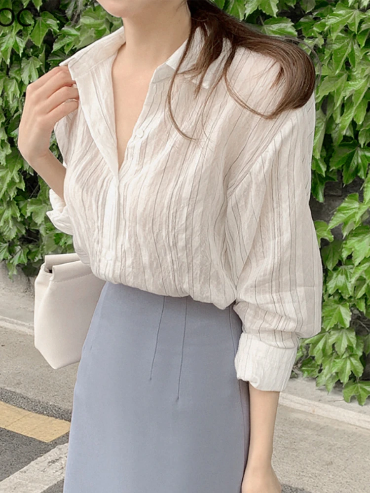 2021 Sunscreen Tops Blusas Fashion Women Long Sleeve Casual Loose Casual Solid Striped Single Breasted Button Shirts