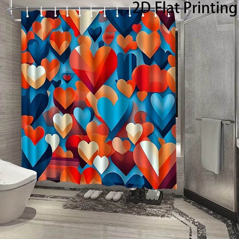 2D Flat, JIT1pcs, Heart Geometric Pattern Shower Curtain with Hooks, Washable Shower Curtain, Bathroom Divider, Bathroom Shower