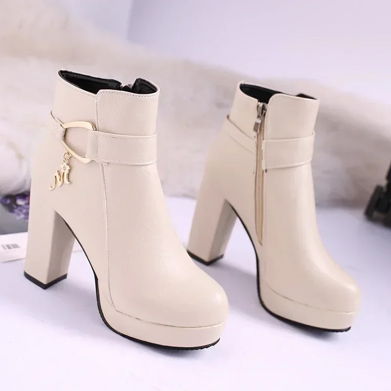 Fashion 2024 Women\'s High Heel Autumn Winter Chunky Heel Platform Shoes Side Zippers Ankle Boots Plus Size 33-42