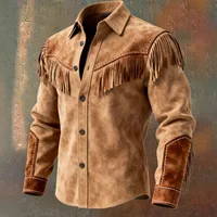 Chaqueta de Cuero y Terciopelo con Borlas Marrones, Diseño Único, Estilo Vintage, Moda Urbana para Primavera/Verano