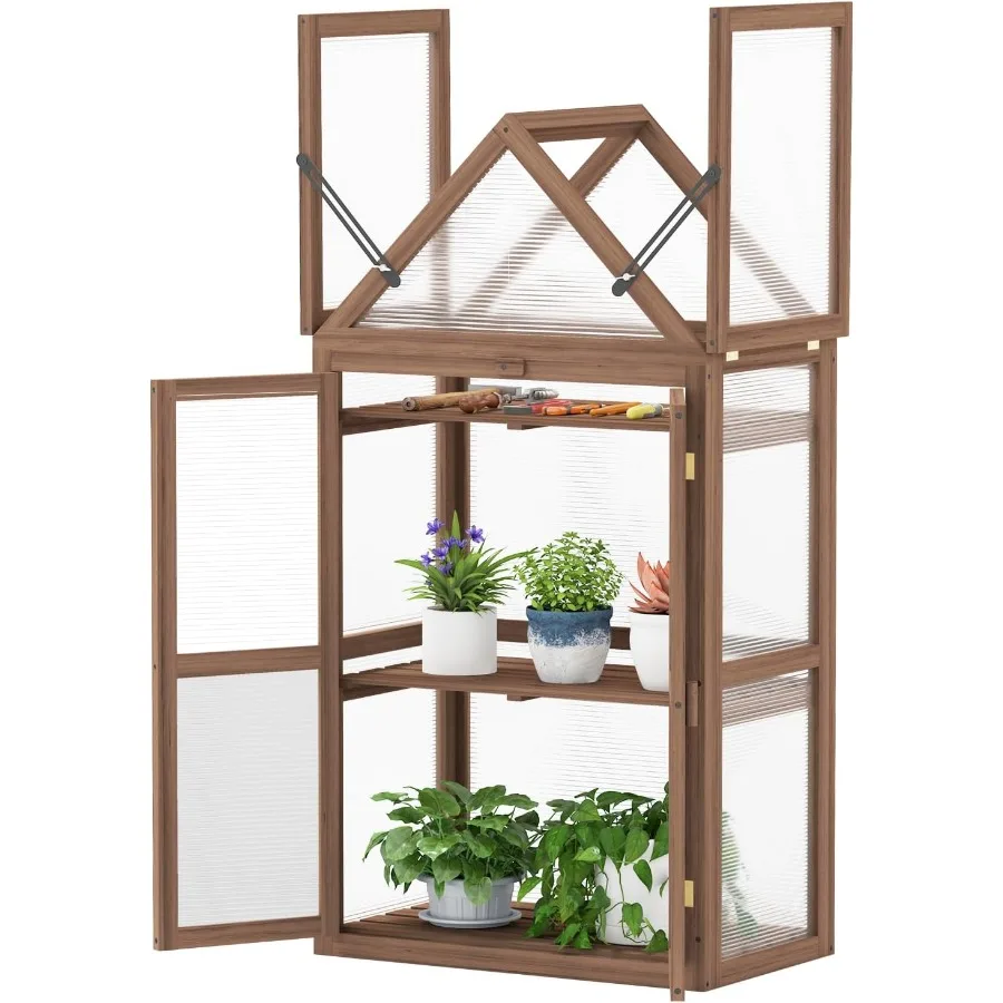 Garden Cold Frame, Mini Greenhouse Storage Shelves w/ Transparent Flip-Top Roof 3 Adjustable Shelves, Indoor Outdoor Use for Ga