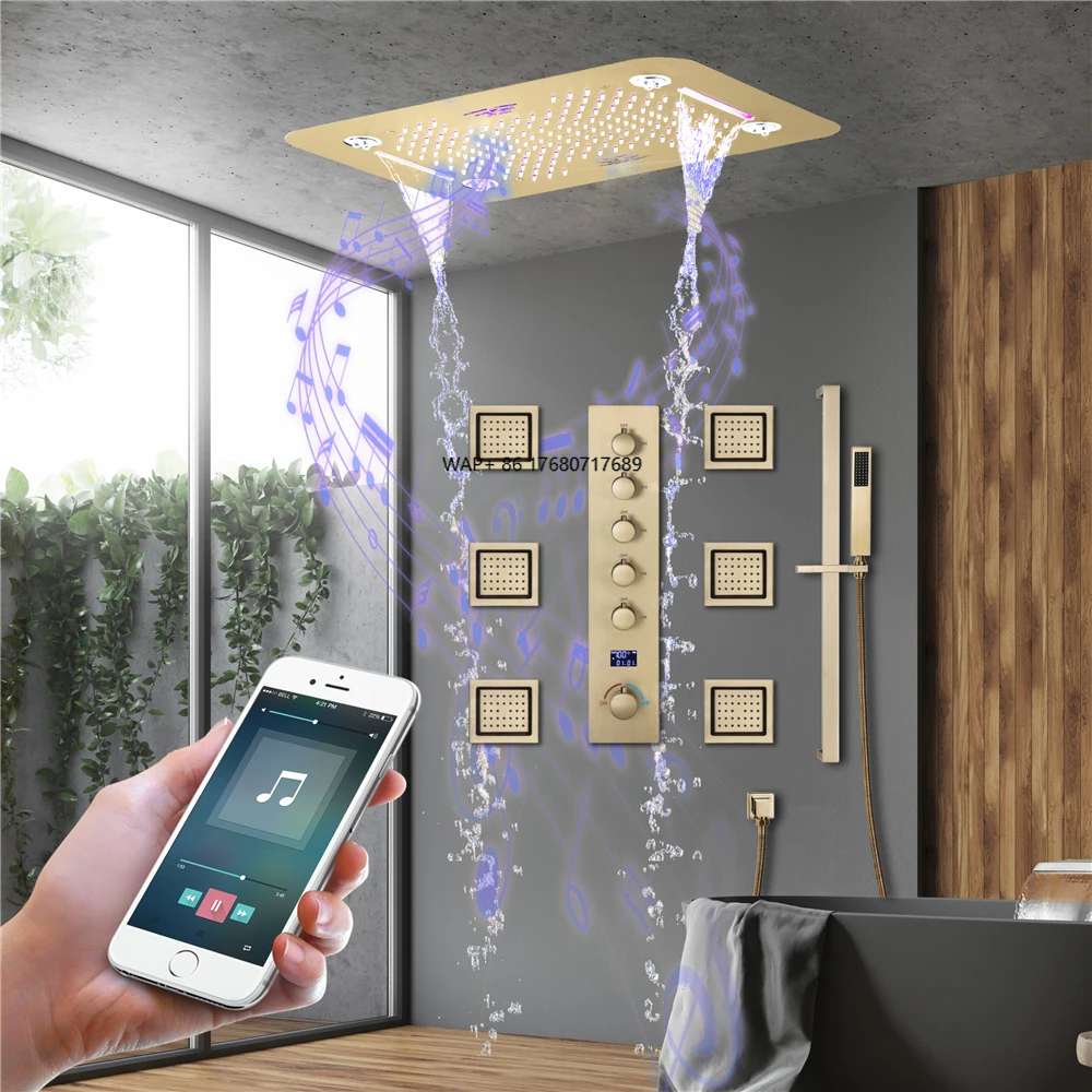 Cascada de lluvia Jet 23*15 pulgadas música moderna cabezal de ducha LED pantalla de temperatura agua caliente y fría grifo de ducha de baño