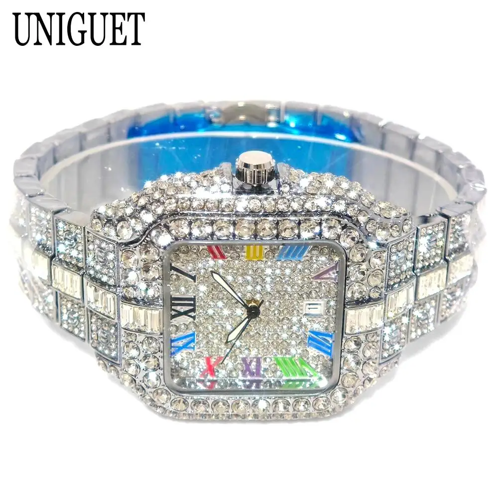 Fashion Diamond Watch For Men UNIGUET Brand Color Hip Hop Iced Bling Jewelry Square AAA Quartz Wristwatch Man Gift Dropshipping