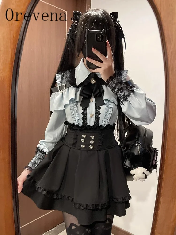Women's Gothic High-Waist Pleated Mini Skirt | Double-Breasted Cross Button Skirt with Lace Hem for Y2K Sexy Halloween Party Out
