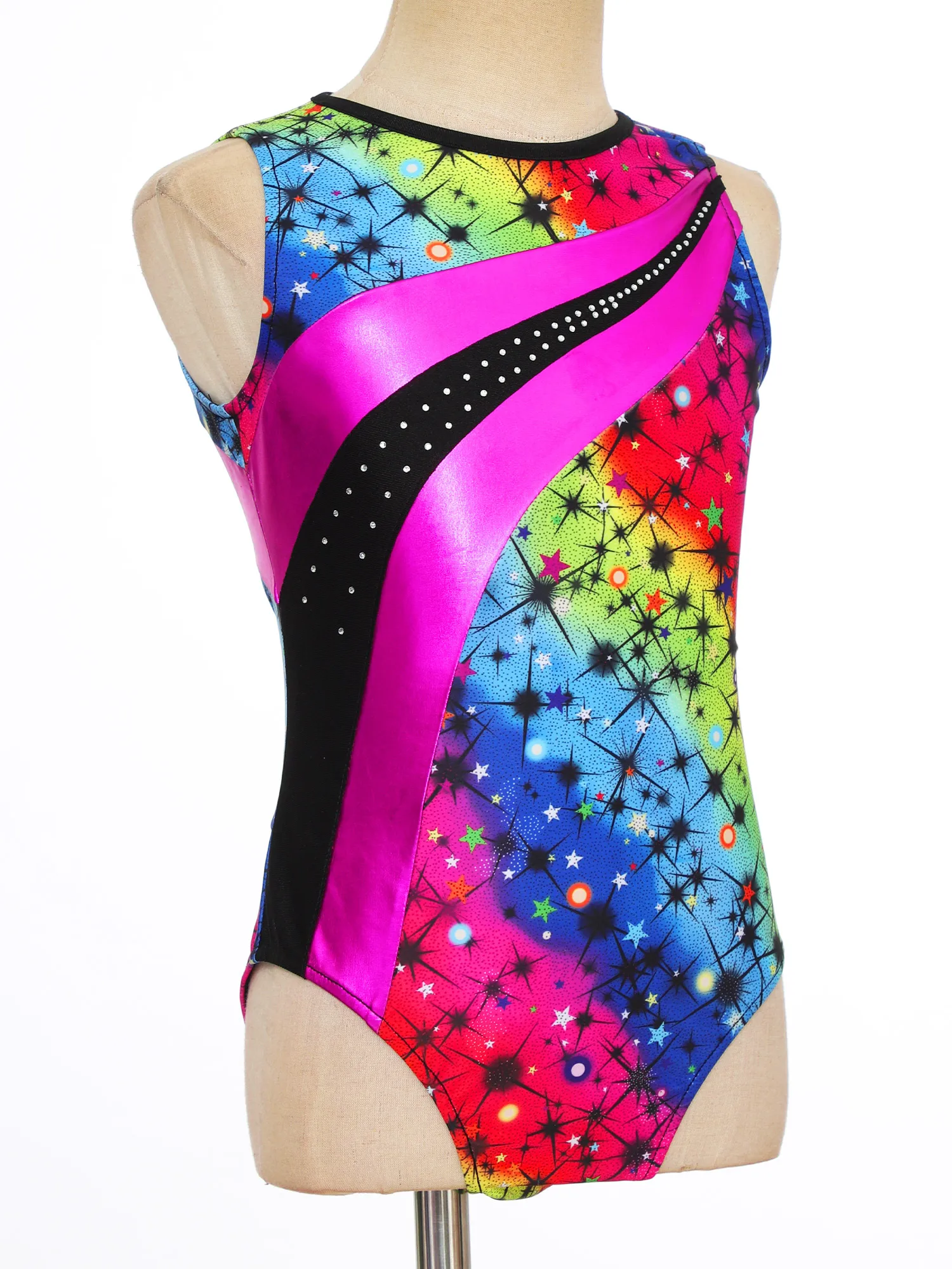 Kids Girls Sport Dance Leotard Sleeveless Keyhole Back Print Patchwork Athletic Bodysuit Teens Yoga Skating Gymnastics Jumpsuit