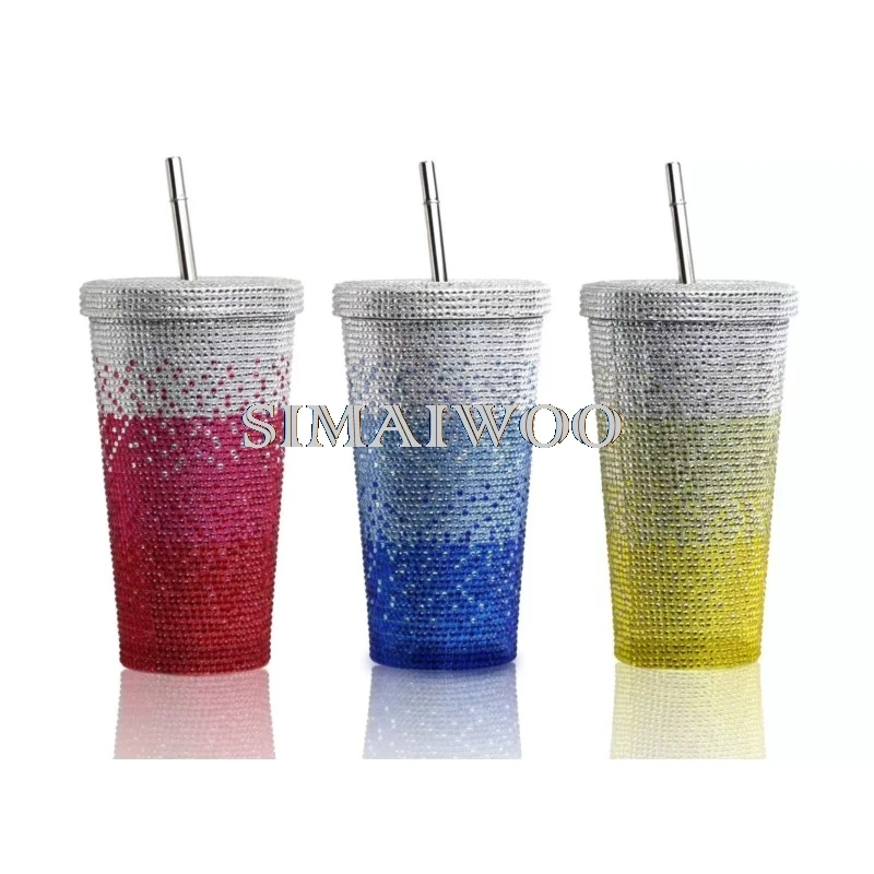 Gradient Glass Rhinestone Straw Cup Handcraft Art Diamond Painting Sunflower Designer Cup Mosaic Rhinestone Girl Birthday Gift