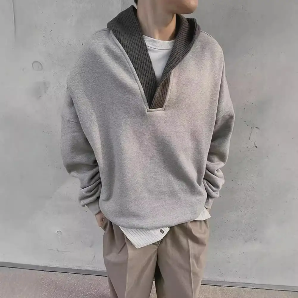 Men Autumn Winter Hoodie Yarn Hood Patchwork Loose Long Sleeves With Elastic Cuffs And Hem V Neck Casual Streetwear Top