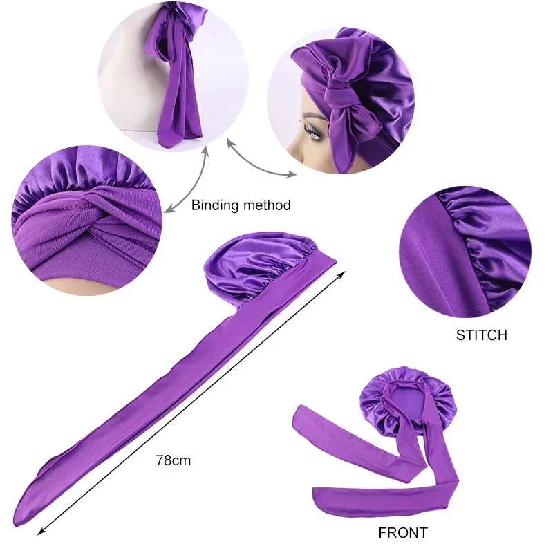 Satin Sleeping Cap For Women Solid Wide Band Stretch Head Tie Silky Bonnet Edge Wrap Nightcap Hair Care Shower Head Cover