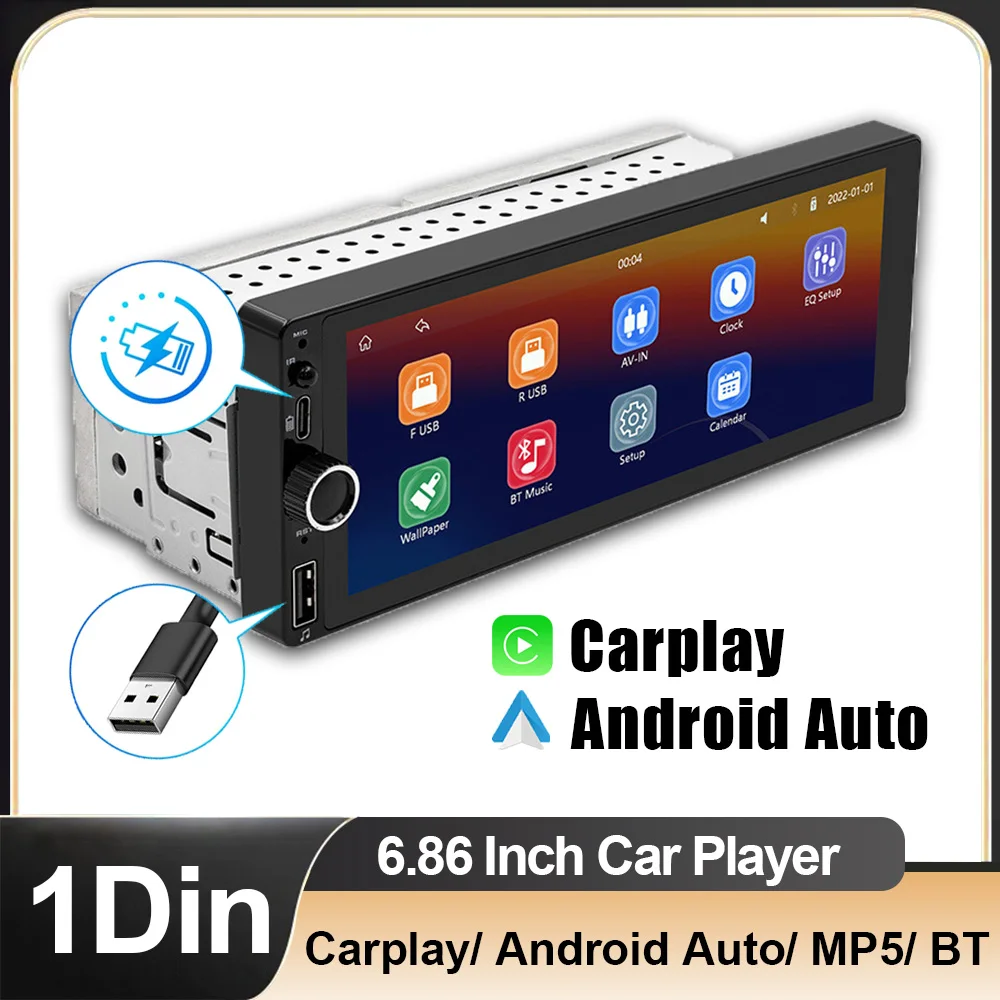 1Din 6.86 Inch Touch Screen Car Multimedia Radio Carplay Android Auto BT USB RDS FM MP5 Player SWC Wireless Mirror Link Video