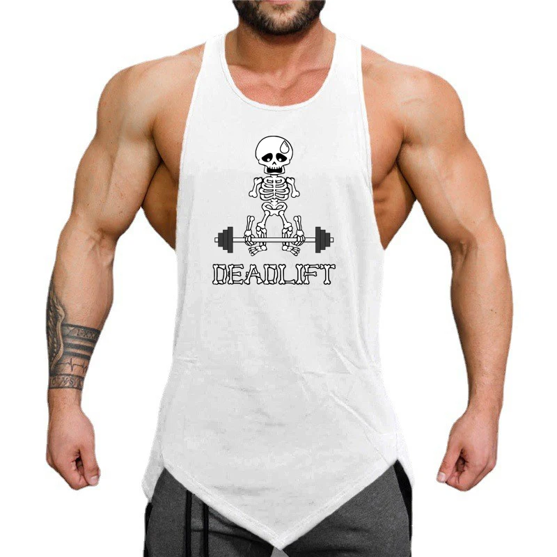 

Летние хлопковые дышащие рубашки без рукавов, человеческий скелет, становая тяга, штанга, спортивные майки, мужские спортивные жилеты для фитнеса, бодибилдинга