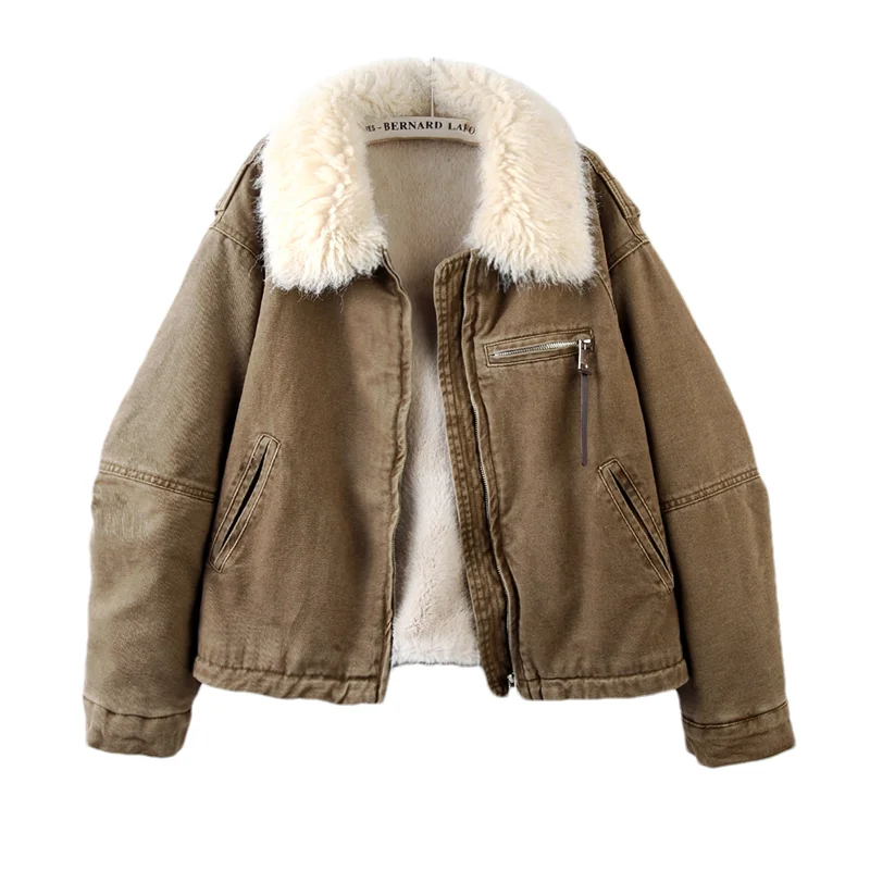 Winter Thick Warm Faux Lambswool Liner Short Denim Coat Khaki Coffee Color Cowboy Outerwear Lapel Long Sleeve Jeans Jacket Coat